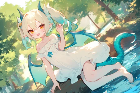 <lora:kohaku-xl-delta-lyco-step00028000:1.0>
1girl,
(fukuro daizi:1.1), kz oji, (henreader:0.9), (ask \(askzy\), aki99, ama mitsuki, ciloranko:0.9), kaede \(sayappa\),
masterpiece, newest, absurdres,
solo, dragon girl, dragon tail, dragon wings, dragon horns, white dress, long hair, side up, river, tree, forest, pointy ears, 1girl, :3, angel wings, bell, blonde hair, blue hair, blush, breasts, collarbone, dress, eyes visible through hair, fang, full body, hair between eyes, horns, looking at viewer, nature, off shoulder, open mouth, orange eyes, outdoors, smile, tail, twintails, wings