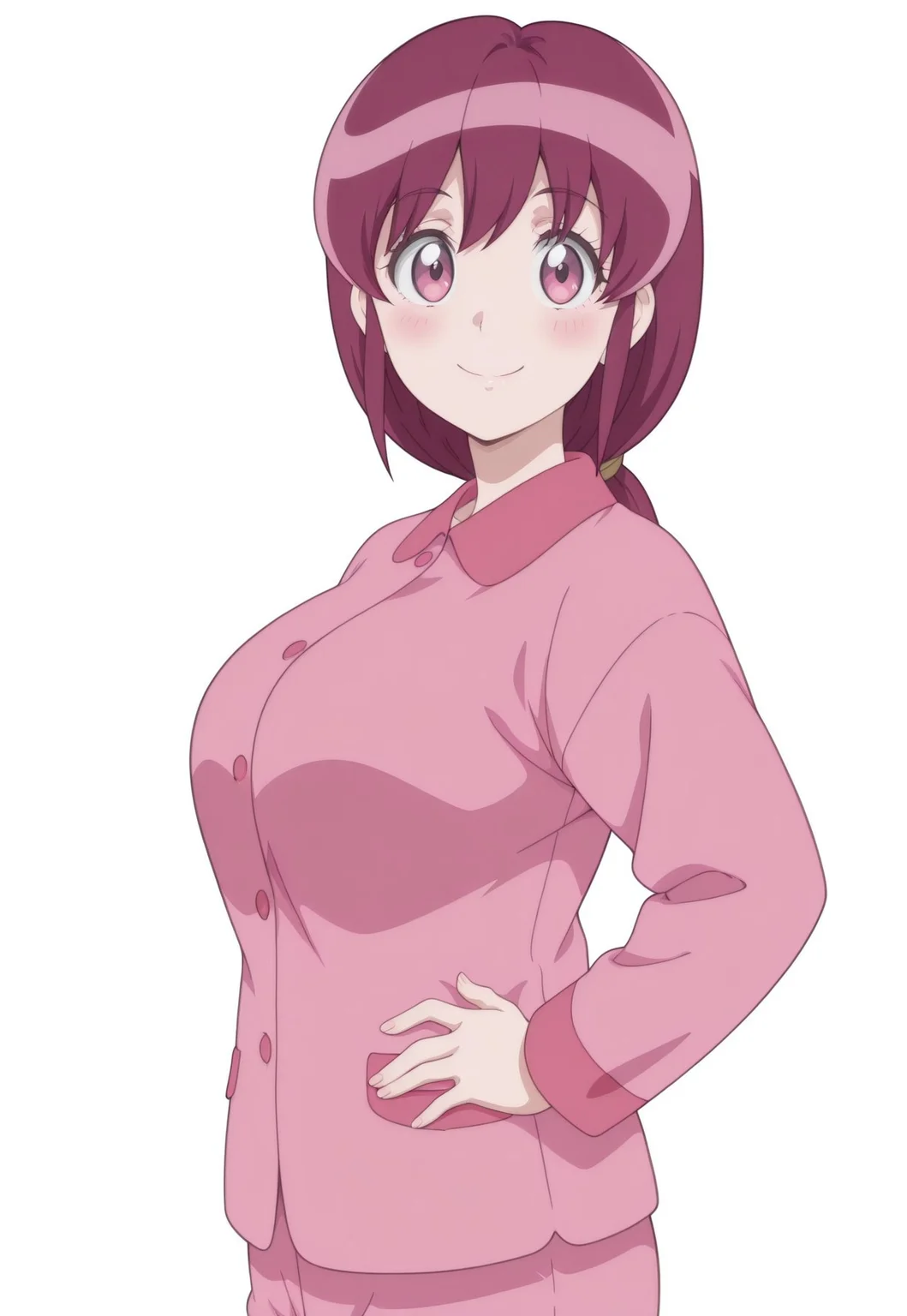 ainokaori, 1girl, pink eyes, dark pink hair, long hair, low ponytail, mature female, pink pajamas, anime screencap, big breasts,
masterpiece, best quality, high resolution,
(white background), smile, blush, looking at viewer, hands on own hips, from side,