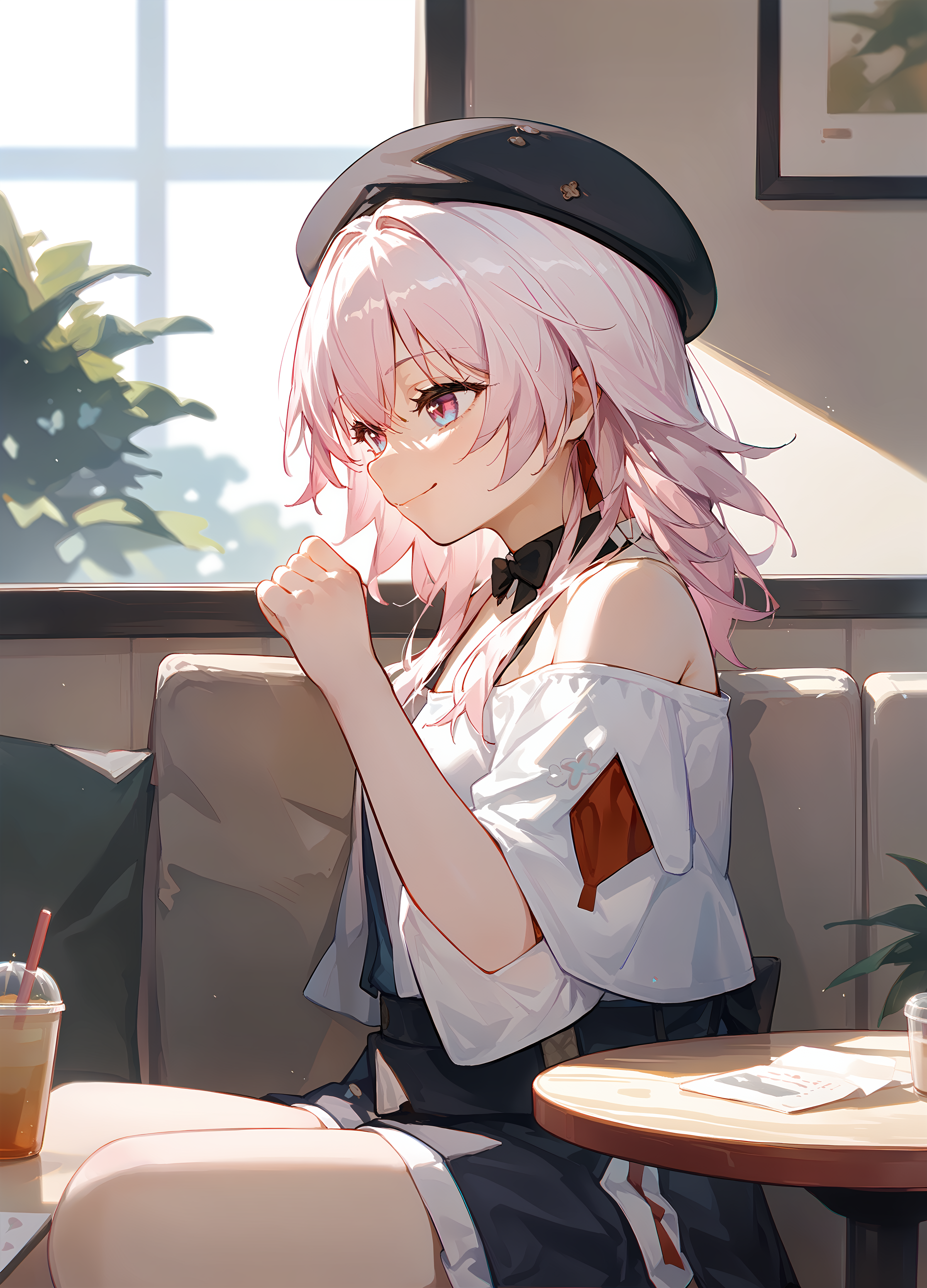 (score_9, score_8_up, score_7_up), 1girl, march7th \(kfc\), beret, off shoulder, sitting, in a cafe, smile, closed mouth, from side, <lora:march7th-strPO-v1AR:0.8>