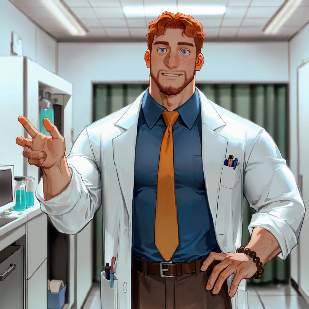<lora:baf97a9d-8dbd-44d5-96aa-3f5804c77bc3.TA_trained:.7>, (coralcharles,orange hair,short hair,blue eyes,facial hair,freckles, lab coat, blue collared shirt, orange tie, brown pants, brown shoes, belt, clinic, bead bracelet,) 
upper body, 
(very short hair, beard, bara, mature, facial hair, stubble, beard, full beard, sideburn, beard, a lot of beard, ), facial hair,male focus, muscular male, muscular male, bara, mature,  bara, mature, aixiwuganda_(20222192), very awa, masterpiece, best quality, absurdres, newest, perfect quality, detailed background, intricate details,
<lora:slider_Body Type_alpha1.0_rank4_noxattn_last:3><lora:Anime Summer Days 2 Style SDXL_LoRA_Pony Diffusion V6 XL:.6><lora:slider_cfg_scale_boost:.7><lora:Artist6p:.55>, Artist6p, Artist04p,<lora:slider_il_brightness_slider_d1:-1><lora:slider_il_contrast_slider_d1:-1><lora:slider_DarkSlider1.2_alpha1.0_rank16_full_300steps:-.6>