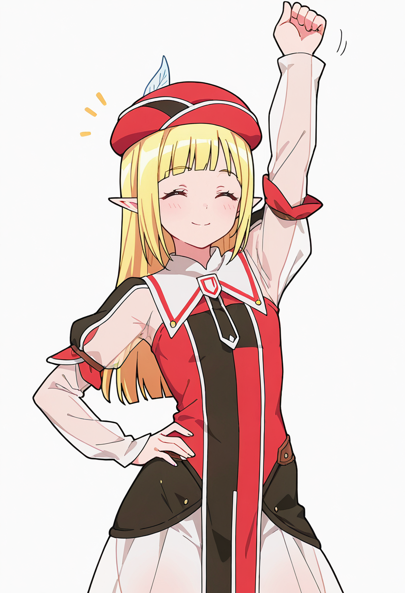Smooth Quality,masterpiece,very intricate, high quality details, ultra realistic, high detailed skin,detailed enviorement,absurdres,
thumbs up,solo,
 <lora:Rune_Noma_CNR:0.8> rune_cnr, pointy ears, blonde hair, long hair, yellow eyes, blunt bangs, elf,  red hat, hat feather,, simple background, white background, front view,
stretching, one arm raised, other on hip, slight side bend, relaxed body,  ,, \(^o^)/,, lace-up top,  ,see-through shirt,  ,hobble skirt,  ,