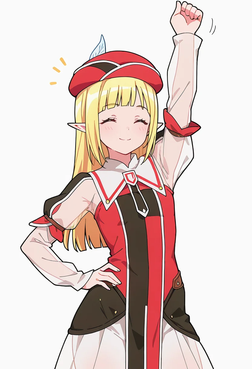 Smooth Quality,masterpiece,very intricate, high quality details, ultra realistic, high detailed skin,detailed enviorement,absurdres,
thumbs up,solo,
<lora:Rune_Noma_CNR:0.8> rune_cnr, pointy ears, blonde hair, long hair, yellow eyes, blunt bangs, elf, red hat, hat feather,, simple background, white background, front view,
stretching, one arm raised, other on hip, slight side bend, relaxed body, ,, \(^o^)/,, lace-up top, ,see-through shirt, ,hobble skirt, ,