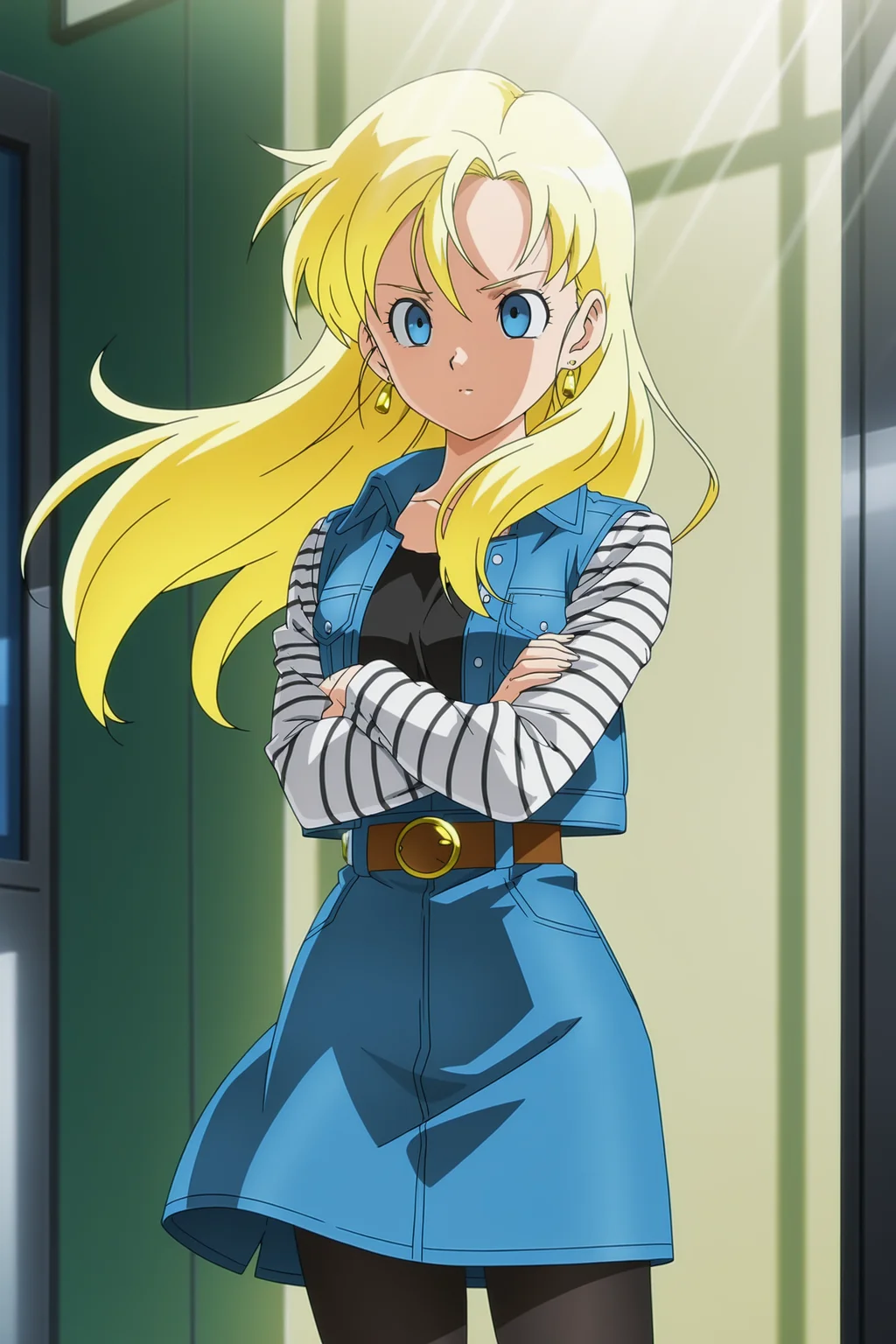 anime screencap, masterpiece, best quality, amazing quality, very aesthetic, absurdres,  newest, (scenery, volumetric lighting),
official style, 1girl, solo, 
marron, blue eyes, blonde hair, hair down long hair, wind lift, 
android saga, classic outfit, open jacket, black pantyhose, denim, black t-shirt, blue jacket, collared jacket, denim jacket, denim skirt, belt, gold earrings, long sleeves, sleeveless jacket, striped sleeves, white sleeves, cowboy shot, crossed arms, 
dappled sunlight, light rays, 
 <lora:Marron_IL:0.8>