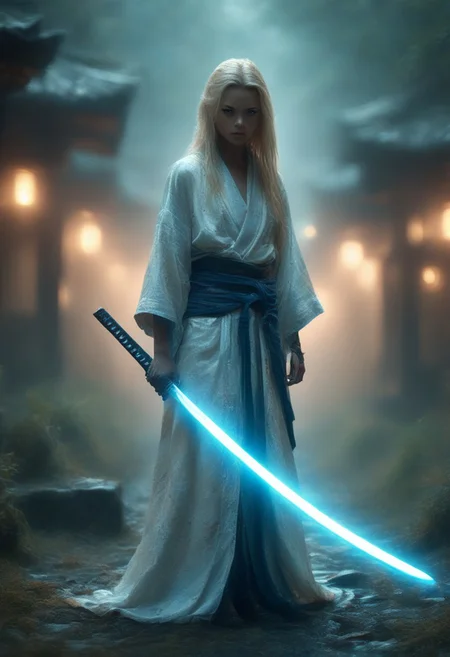 score_9, score_8_up, score_7_up, score_6_up, woman, pale skin, shoulder length hair, straight blonde hair, blue eyes, thin lips, slender, athletic, thick thighs, holds a katana in his left hand, ripped white kimono, graveyard background, night time, cinematic lighting, highly detailed background, high quality photography, masterpiece, high resolution, cinematic photo, DarkAtmosCE