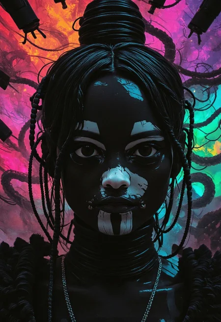 nistyle, monochrome Manga Sketch, extreme Closeup, a dark ethereal ghosts black skin, Killing Gaze smile, eerie, eyes Shrouded in darkness, hyperdetailed manga sketch style, White chin-tattoo with bleached vibrant colorful neon color Highlights, grey, and white color grading. Translucent Pop Art Colorful Backdrop with Glitch effects in another contrast application