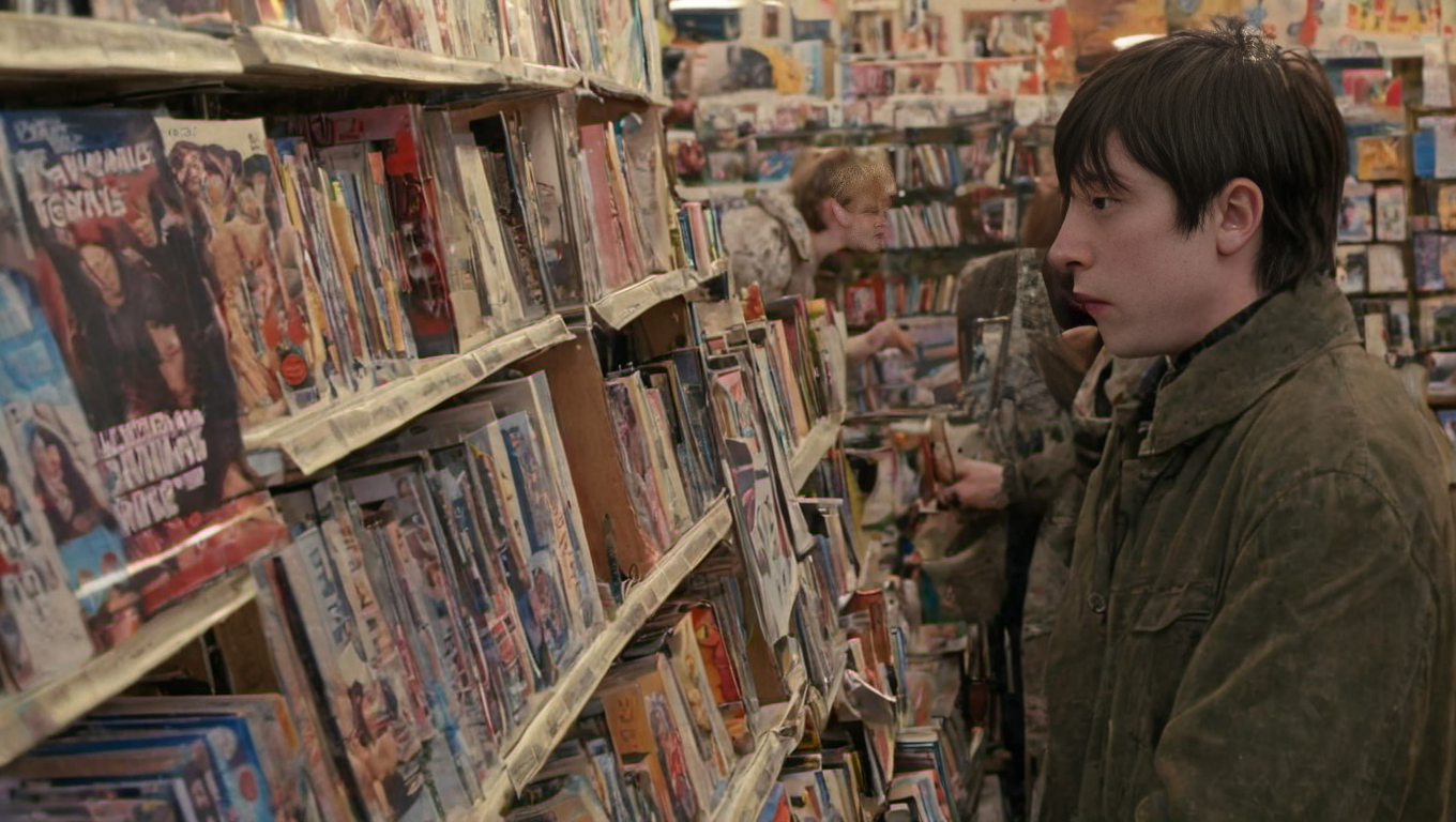 <lora:Roger_Deakins_Cinematography:1>, Britpop, book store,, movie still, Experimental Genre