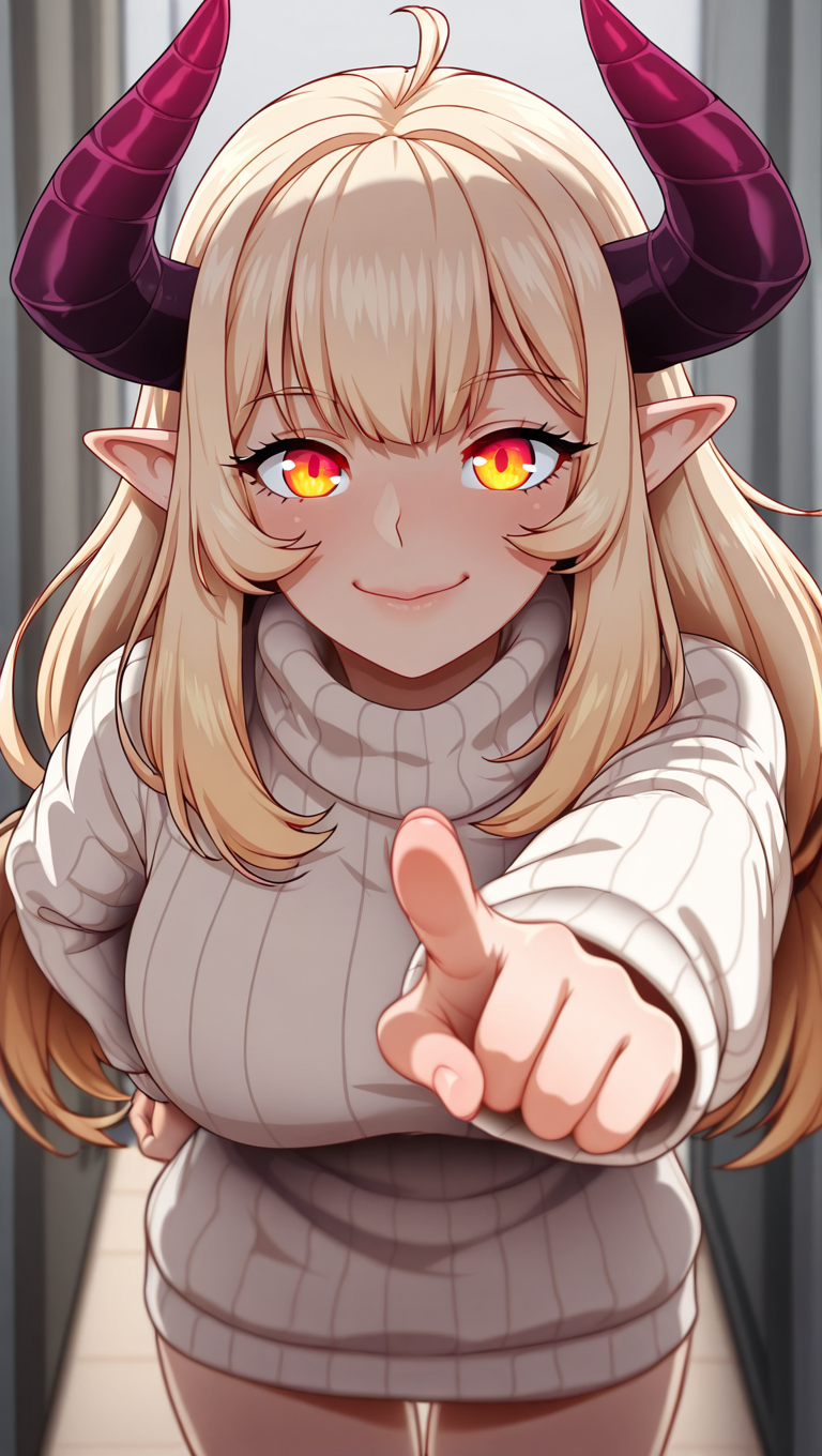1girl, foreshortening, glowing, horns, long hair, looking at viewer, pointing at viewer, pointy ears, smile, solo, sweater,<lora:Nyxborne:1>
