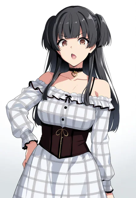 (mayuzumi fuyuko:0.5), 1girl, solo, long hair, breasts, looking at viewer, open mouth, simple background, black hair, long sleeves, white background, dress, bare shoulders, brown eyes, standing, collarbone, cowboy shot, frills, choker, blunt bangs, white dress, off shoulder, two side up, hand on own hip, plaid, gradient background, black choker, corset, plaid dress
