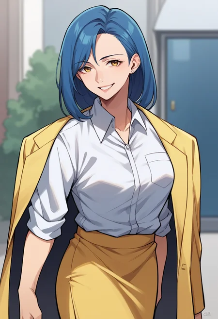 score_9, score_8_up, score_7_up, source_anime BREAK 1girl, solo, <lora:zs_TakamiXL:1> takamip1, blue hair, medium hair, yellow jacket on shoulders, white formal shirt, yellow pencil skirt, pantyhose, mature female, cowboy shot, smile