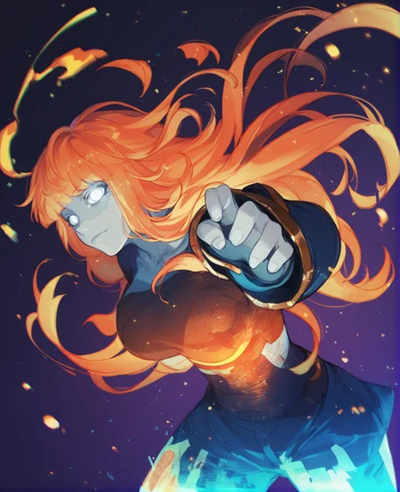 score_9,score_8_up,score_7_up,score_6_up,
1girl, solo, solo focus,
hologram, holographic girl, glowing, :o, fire, flame,
cowboy shot, dark background, looking at viewer, long hair, wind, floating hair, bangs, large breasts, glitch, white eyes, dark, fisheye, dynamic pose, dynamic angle, from above, particles,
<lora:hologram_v1_0_c16:0.99>