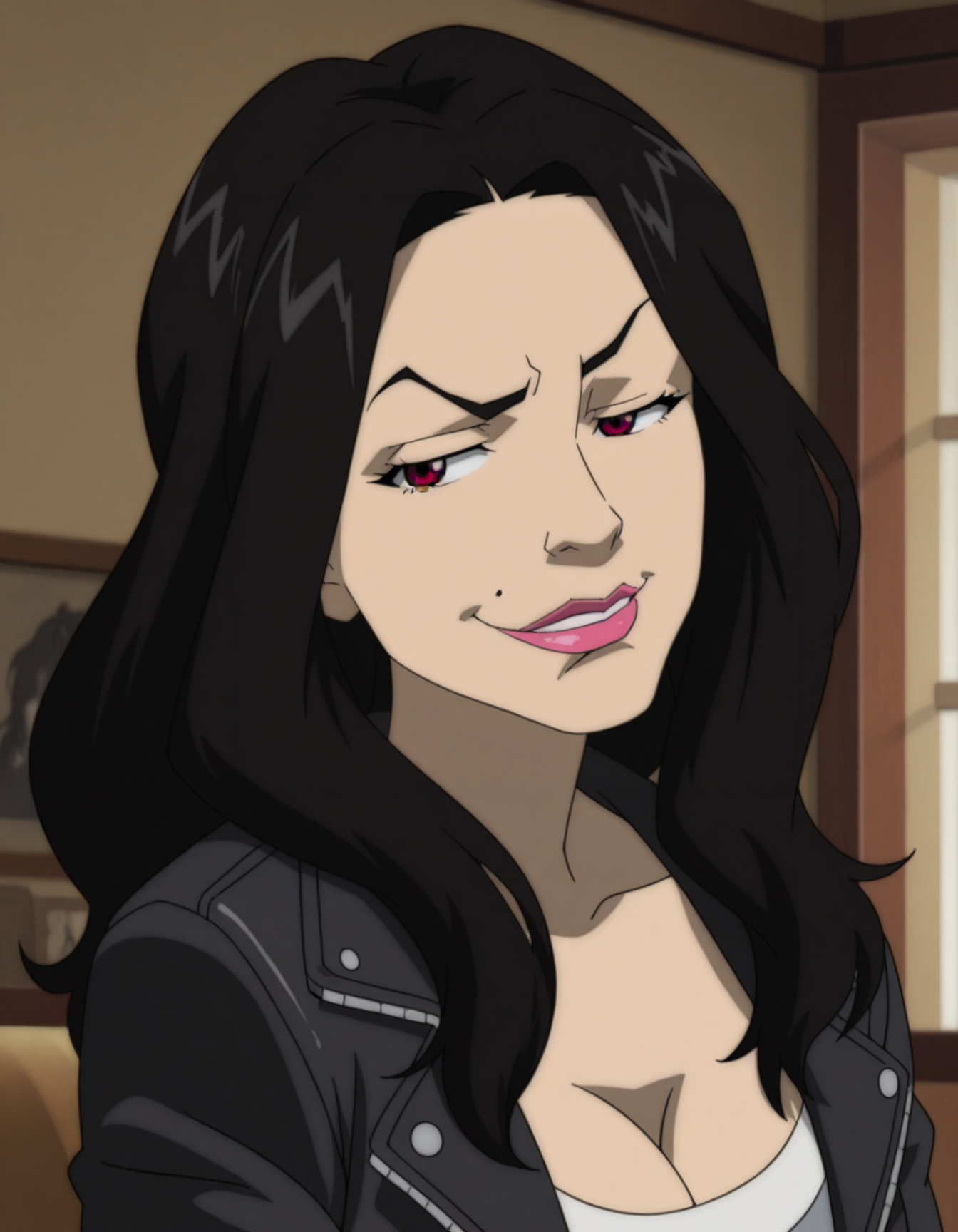 detailed, masterpiece, best quality, 
jacket, 
indoors, 
1girl, solo, portrait, 
<lora:tb-kardashia:1>, xkardashiax, black hair, long hair, brown eyes, mole under mouth, lipstick,