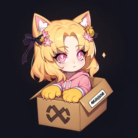 score_9, score_8_up, score_7_up, BREAK <lora:chibi_box_b0xe_v2.1:1> b0xe,in box,chibi,cardboard box, 1girl, solo, <lora:ChamMariaCampbellPonyXL:1> MariaCampbell, medium hair, hair flower, hair ribbon, parted bangs, cat ears, cat tail, glowing eyes, black background, night, pink hoodie, paw gloves, yellow paws, pink eyes