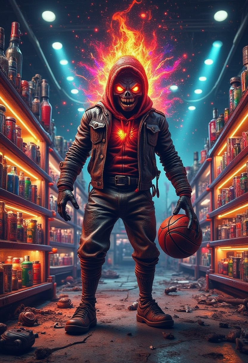 YFG-LBGadgets Neon-infused digital illustration, a menacing creature with glowing eyes and sharp teeth, wearing a fiery hat, holding a basketball, stands in a destroyed, glowing supermarket with shelves, surrounded by bright, fiery light,