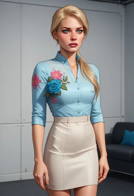 cinematic film still, saturated colors, negative space, 
MKCassie, 1 adult woman, 
(breaking bad style), face of Skyler White,  (solo female focus), 
blonde hair, ponytail, blue eyes, long hair
plain shirt, flower hair ornament, pencil dress,
high heel shoes,
subtle make-up, 
leading lines, 
backdrop is industrial b01l3r r00m