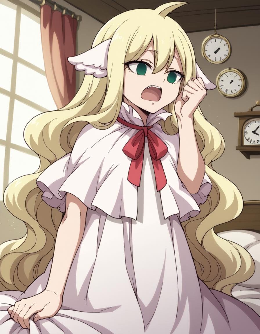 score_9, score_8_up, score_7_up, source_anime, <lora:mavis-vermillion-anime-ponyxl-lora-nochekaiser:1>, mavis, long hair, blonde hair, green eyes, ahoge, wavy hair, animal ears,, dress, white dress, collar, ribbon, red ribbon, capelet, long sleeves,, bedroom, alarm clock, morning routine, yawning, stretching, on bed,, , , arm bent at elbow, solo,, cowboy shot, dutch angle