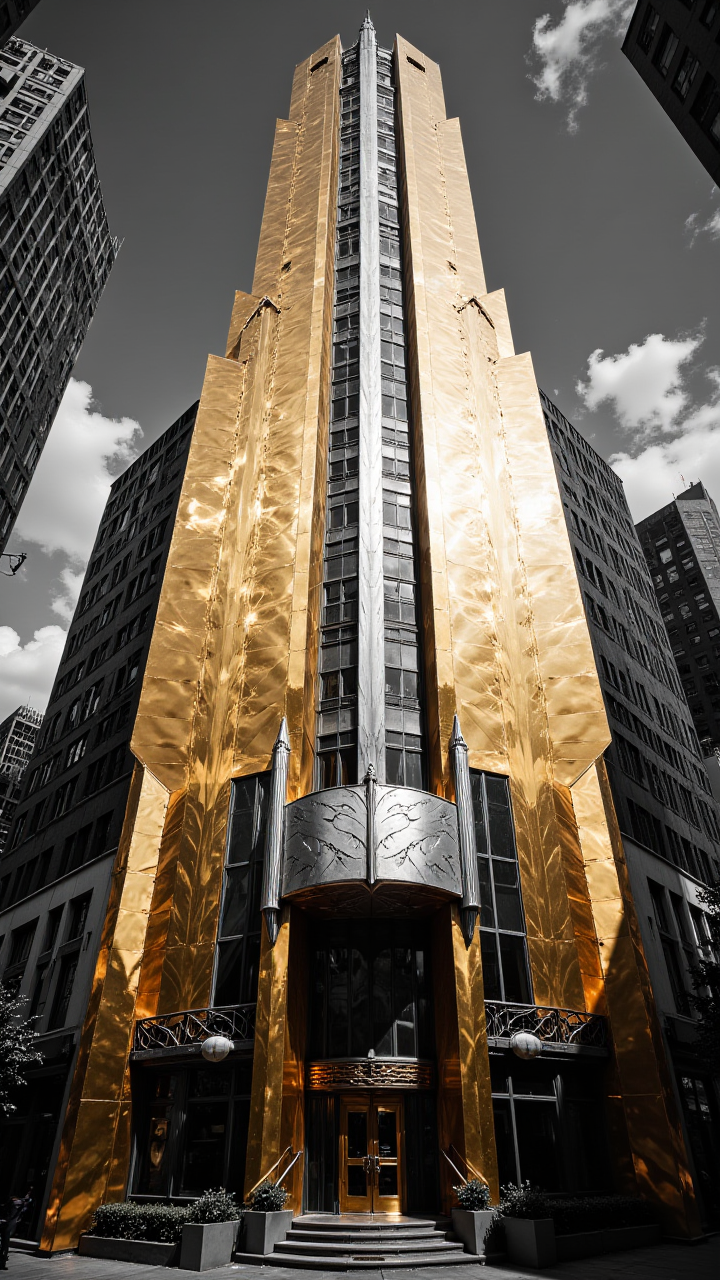 Art Deco Building with Gold and Bronze Elements: A towering Art Deco skyscraper with a façade decorated in gold and bronze. The building shines under the sunlight, with silver accents highlighting the windows and doors. The scene has a monochrome backdrop, making the metallic colors stand out dramatically.