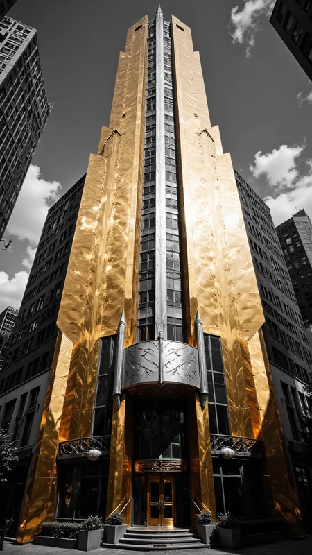 Art Deco Building with Gold and Bronze Elements: A towering Art Deco skyscraper with a façade decorated in gold and bronze. The building shines under the sunlight, with silver accents highlighting the windows and doors. The scene has a monochrome backdrop, making the metallic colors stand out dramatically.
