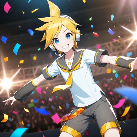 1boy, kagamine len, vocaroid, masterpiece, very aesthetic, absurdres, official art, newest,
default len, solo, blonde short hair, blue eyes, swept bangs, cowboy shot, male focus, (contrapposto:1.2),
(looking at viewer:1.4), contrapost, arms up, outstretched arms, smiling, BREAK
headphones, headset, white shirt, short sleeves, grey sailor collar, yellow necktie, grey shorts, grey arm warmer, detached arm warmer,
show stage, stage light, neon light, confetti-flurry, psyllium, auditorium is filled with spectator,
<lora:sdxl-vs-DefaultLen01:0.8:lbw=0,0,0.2,0.2,0,0.4,0.4,0,0.8,0.8,0,0,0,0.8,0.8,0.6,0.8,0.0,0.0,0.0,0,0,0,0,0,0>