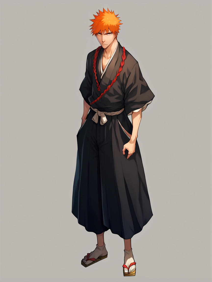 score_9, score_8_up, score_7_up, score_6_up, score_5_up,   <lora:ichigoXLP:1> ichigo, orange hair, 1boy, solo, brown eyes, japanese clothes, spiked hair, full body,