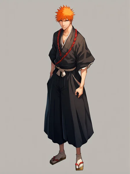 score_9, score_8_up, score_7_up, score_6_up, score_5_up, <lora:ichigoXLP:1> ichigo, orange hair, 1boy, solo, brown eyes, japanese clothes, spiked hair, full body,