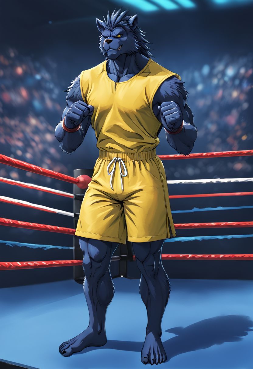 (((Barefoot furry character, full body, cinematic setting, furry male, plantigrade))) 
Beast from X-Man, black and yellow shorts, black and yellow t-shirt, standing in boxing ring, box stance
BREAK, detailed background, 8K, (masterpiece:1.5), intricate details, highly detailed, extreme detail, octane render, fine art, best quality, highres, (detailed face:1.5), ((full_body)), UHD, (((perfect hands))), low light