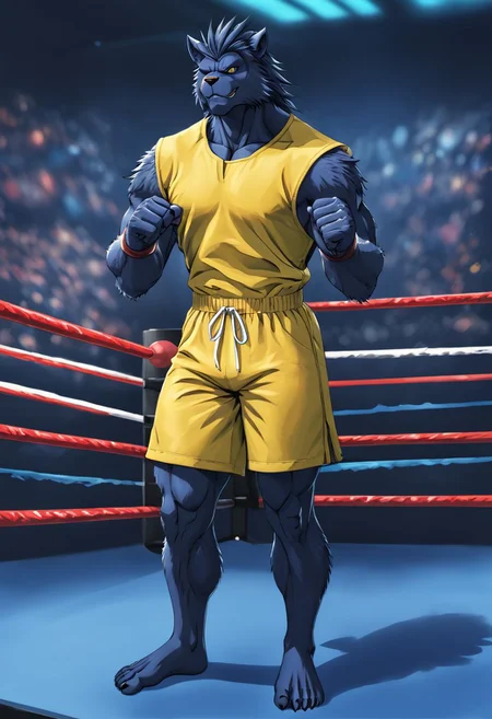 (((Barefoot furry character, full body, cinematic setting, furry male, plantigrade)))
Beast from X-Man, black and yellow shorts, black and yellow t-shirt, standing in boxing ring, box stance
BREAK, detailed background, 8K, (masterpiece:1.5), intricate details, highly detailed, extreme detail, octane render, fine art, best quality, highres, (detailed face:1.5), ((full_body)), UHD, (((perfect hands))), low light