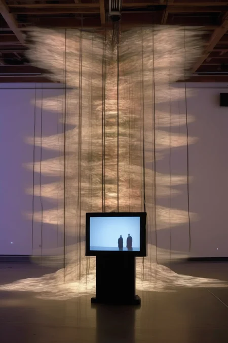 <lora:Video installation:1>Video installation - a projector overlayed this installation, creating a multilayered installation that is kinetic