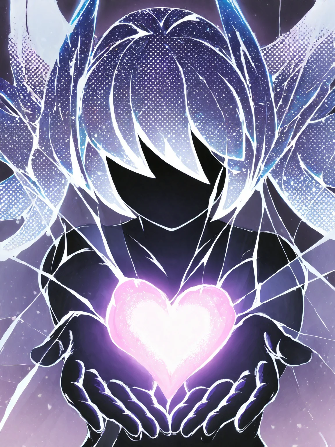 masterpiece, best quality, glass girl, glass skin, no eyes, 1girl, long hair  with bangs, glass hair, reflection, transparent girl with glass crystal that glows within, translucent, vibrant, reaching for a glowing heart, image of a girl holding a glowing heart, Halftone, Lineography, Negative space