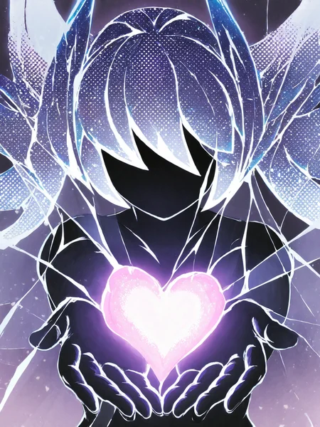 masterpiece, best quality, glass girl, glass skin, no eyes, 1girl, long hair with bangs, glass hair, reflection, transparent girl with glass crystal that glows within, translucent, vibrant, reaching for a glowing heart, image of a girl holding a glowing heart, Halftone, Lineography, Negative space
