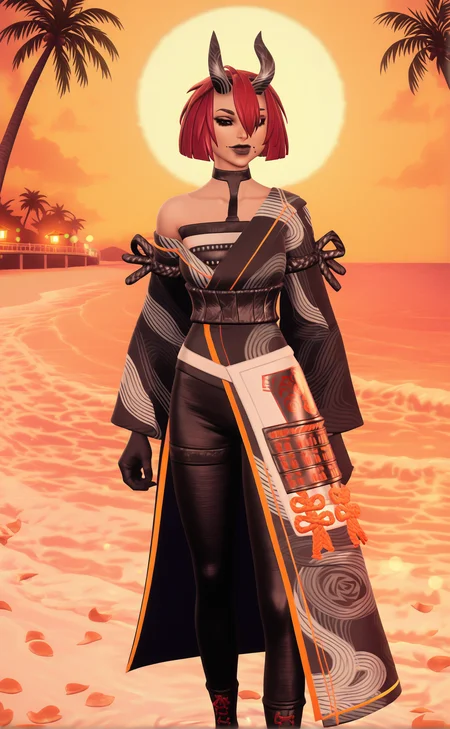 GLSHS,delicate colors,partially illuminated, (masterpiece, absurdres, very awa:1.4), golden hour, orange theme, sunset, beach, rocks, beach ball, sand, palm tree, smug, looking at viewer, cute, sunset, orange sky, sun beams, god rays, happy, outdoors, outdoor, (sun beams, female focus, bokeh, depth of field:1.5), (portrait:1.1), fortnitevoidburnnightrosedefault, 1girl, short hair, bob cut, bangs, blunt bangs, red hair, multicolored hair, two-tone hair, hair over one eye, hair between eyes, black eyes, black lips, makeup, lipstick, closed mouth, mole, moles, mole under mouth, moles under mouth, collarbone, bare shoulders, off shoulder, choker, black choker, horns, oni horns, demon horns, animal ears, gloves, black gloves, kimono, black kimono, japanese clothes, sash, obi, wide sleeves, long sleeves, dress, black dress, pants, black pants, boots, black footwear, cross-laced footwear, high heels, breasts, water, steam, gentle ripples in water, warm lantern glow, flower petals floating on water, <lora:GLSHS-IL:1>, <lora:Fortnite_-__The_Night_Rose_ILXL:1>