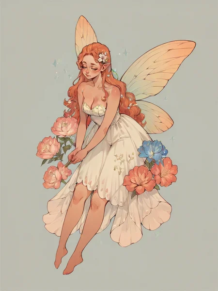 score_9, score_8_up, score_7_up, score_6_up, score_5_up, score_4_up, <lora:s0ftf41ryXLP:0.7> s0ftf41ry, large flower, fairy, curvy, ginger hair, 1girl, pink, blue,