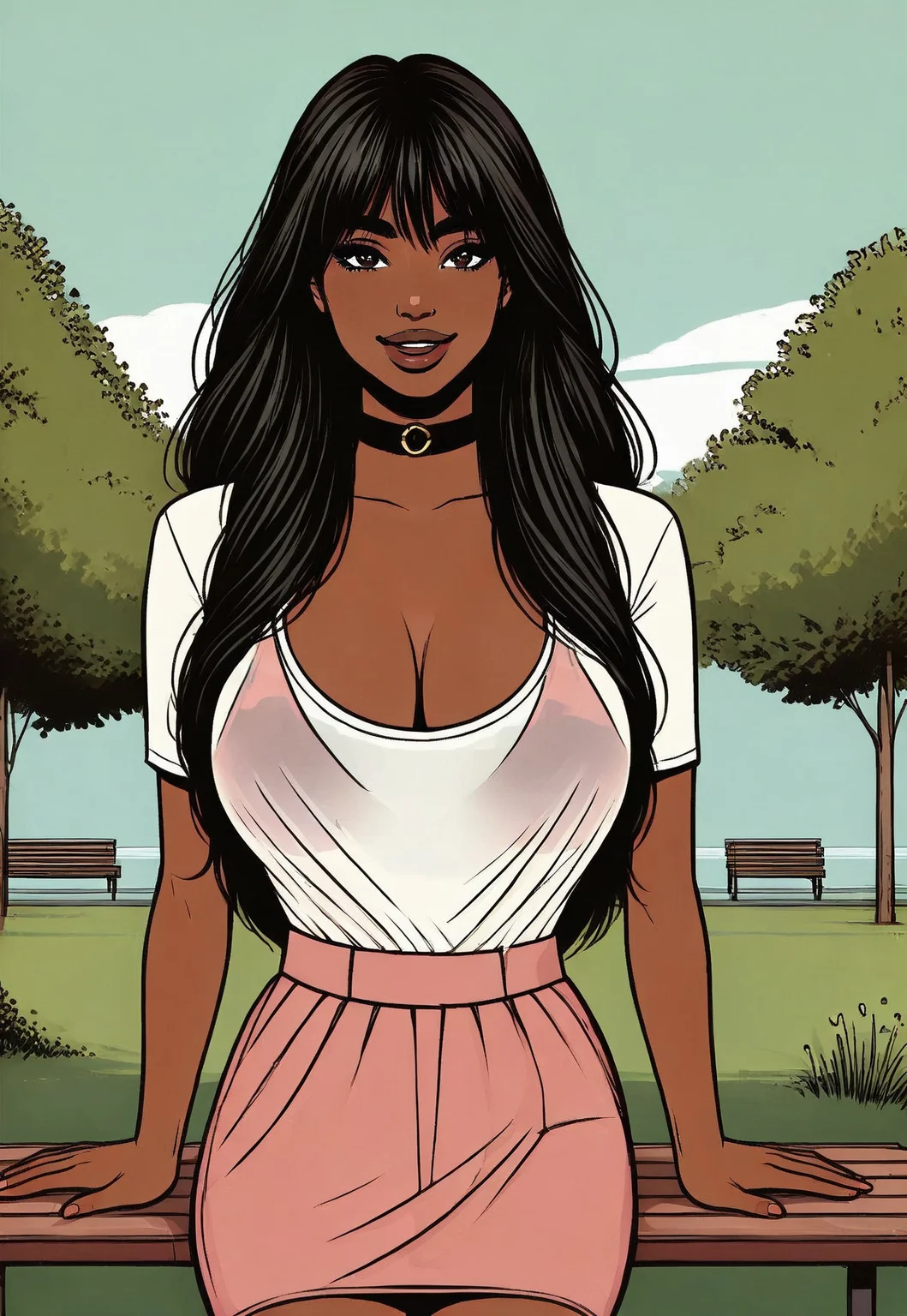 safe_pos, score_9, 1girl, flat comic, huge breasts, black hair, brown eyes, long hair, dark skin, dark-skinned female, breasts, shirt, skirt, pink skirt, choker, bra visible through clothes, see-through, Narrow shoulders, looking at viewer, outdoors, relaxing outdoors, sitting at attention, smile, open mouth