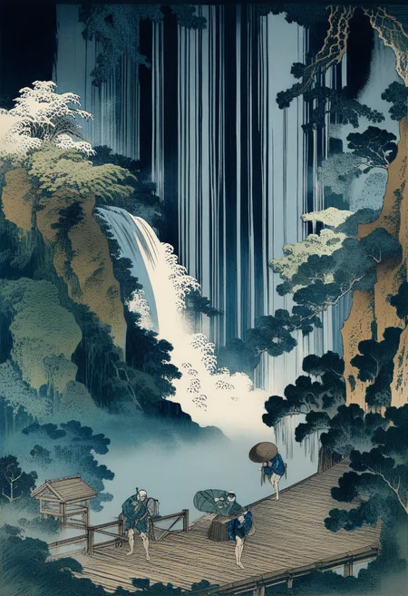 scenery, waterfall, mist, wooden bridge, boys, (best quality), woodcut, highly detailed, KHsty-XL <lora:KHsty-XL-v3-AN-000020:0.7>