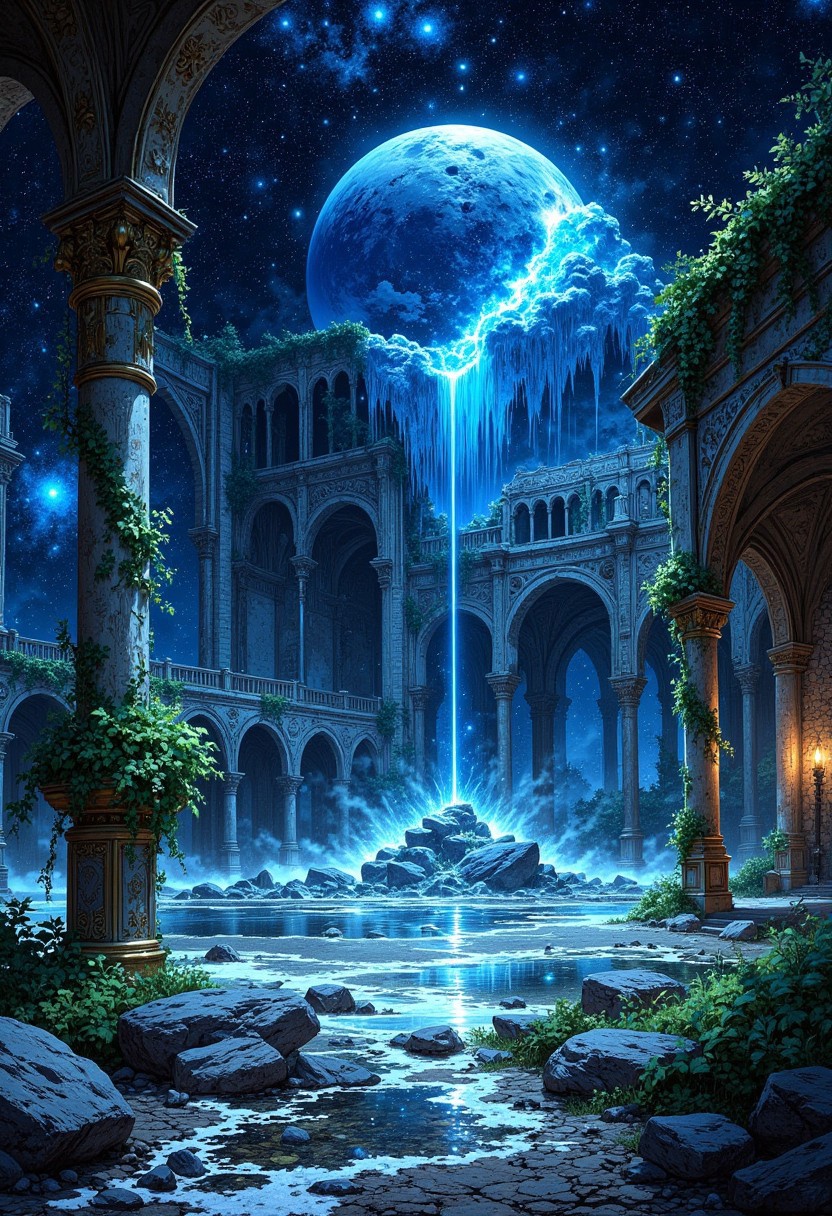 The Starfall Ballroom of the Phantom Court
A ruined ballroom, half-consumed by the stars, where massive crystalized comets hover above, radiating cold, ethereal blue light. Ancient brass railings, entwined with ivy that drips liquid silver, curve around floating dance floors that shift between reality and the unknown. Shadows of past celestial beings flicker on the walls, whispering forgotten knowledge to those who dare to listen. The air carries the scent of frozen lilacs, crushed meteorite dust, and lingering echoes of laughter long since faded.