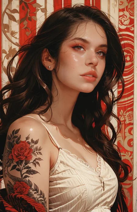 score_9_up, score_8_up, score_7_up, Casual, cell_shading, detailed, detailed background, masterpiece, best quality, highly detailed,
1woman,(striped background:1.5), abstract background, red theme,
BREAK
BREAK
1 woman, camisole, black wavy hair, parted lips, long hair, ((Hera Tattoo)), front braid,
 <lora:incase---1:0.4> <lora:t4tsXLP:1> <lora:RELSM_v1:0.7>