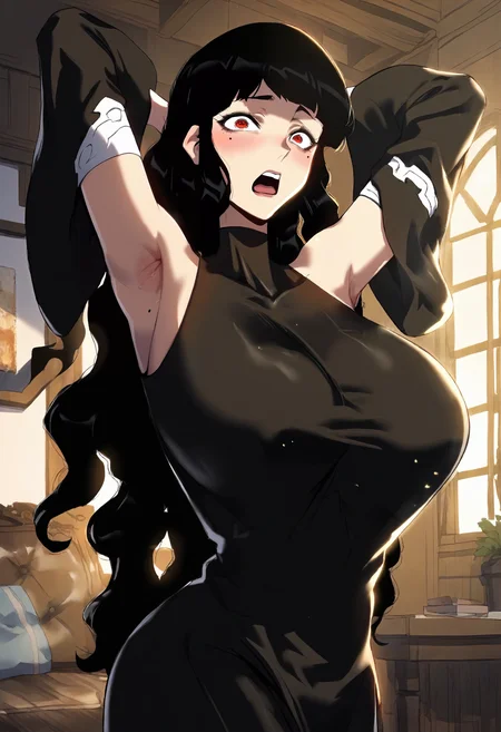 score_9, score_8_up, score_7_up, score_6_up, source_anime, rating_explicit, 1girl, solo, huge breasts, <lora:Elisha prefectPonyxl:0.95> black hair, long hair, red eyes, mole under eye, wavy hair, turtleneck, black dress, sleeveless, long dress, detached sleeves, wide sleeves, surprised, open mouth, Narrow shoulders, heavy breathing, steaming body, living room, indoors, looking at viewer, close-up, arms behind head, armpits