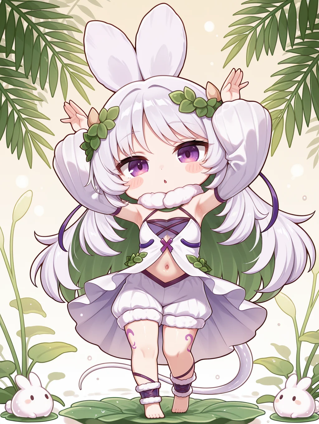 chibi,blush stickers,traptrix cularia,1girl,barefoot,solo,navel,arms up,white tail,looking at viewer,armpits,full body,dancing,leaf,leaf hair ornament,parted lips,plant girl,white fur collar,white sleeveless dress,white detached sleeves,white bloomers,purple ankle cuffs,white creature,rabbit pose,lotus leaf,plant,
masterpiece,best quality,amazing quality,very aesthetic,absurdres,newest,<lora:Traptrix Cularia illuXL v1:0.7>,
