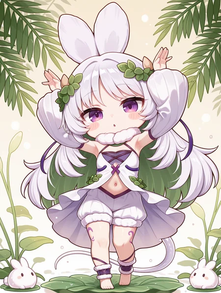 chibi,blush stickers,traptrix cularia,1girl,barefoot,solo,navel,arms up,white tail,looking at viewer,armpits,full body,dancing,leaf,leaf hair ornament,parted lips,plant girl,white fur collar,white sleeveless dress,white detached sleeves,white bloomers,purple ankle cuffs,white creature,rabbit pose,lotus leaf,plant,
masterpiece,best quality,amazing quality,very aesthetic,absurdres,newest,<lora:Traptrix Cularia illuXL v1:0.7>,