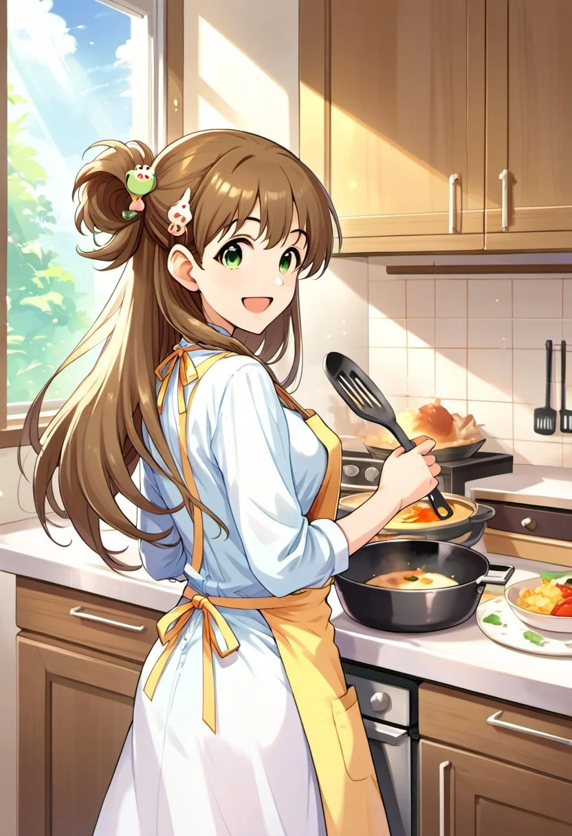 score_9, score_8_up, score_7_up, source_anime, makihara shiho, long hair, brown hair, green eyes, 1girl, solo, smile, apron, open mouth, window, looking at viewer, kitchen, looking back, hair ornament, cooking, :d