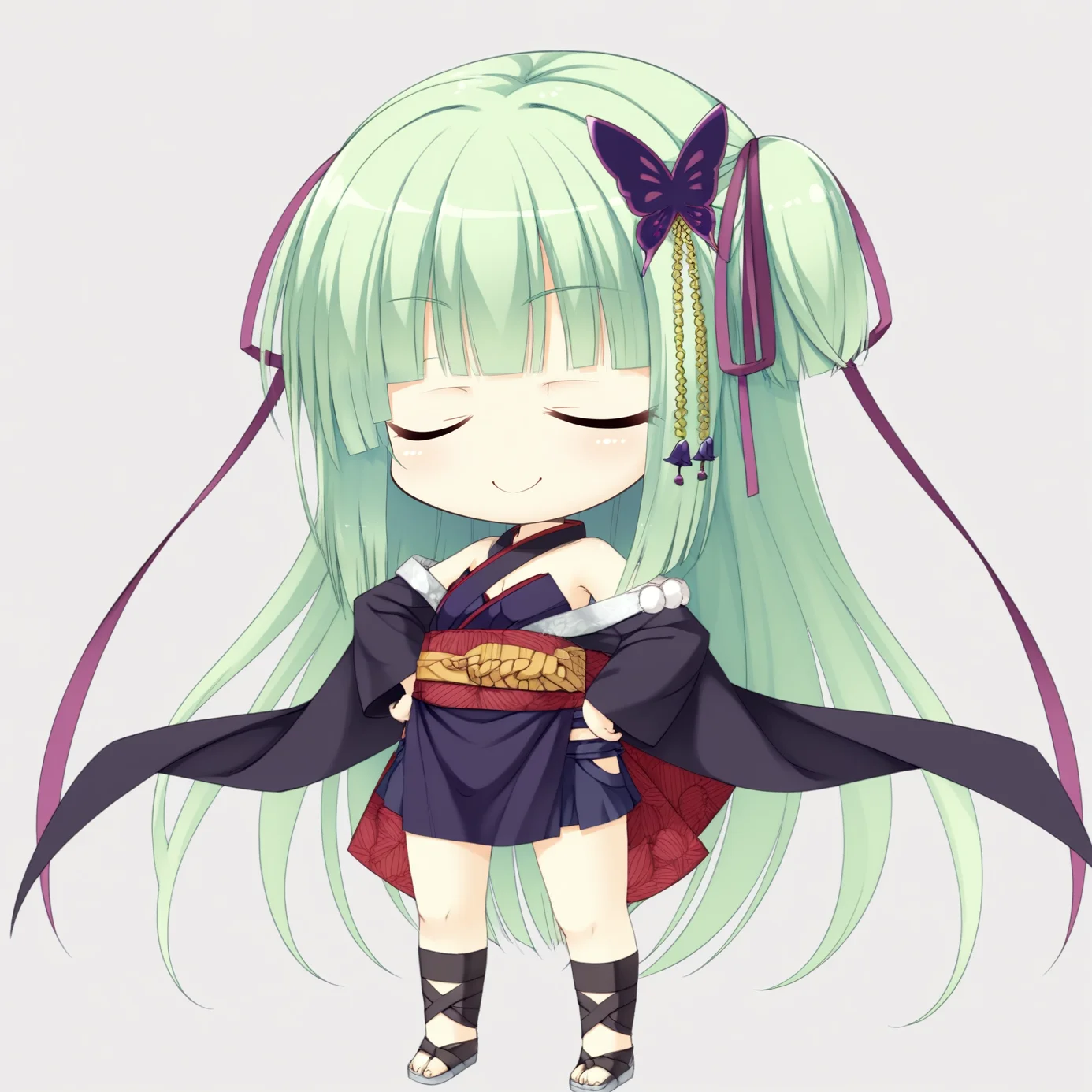 murasame \(senren\),1girl,chibi,solo,long hair,hair ornament,green hair,smile,japanese clothes,butterfly hair ornament,bare shoulders,looking at viewer,detached sleeves,ribbon,hand on hip,hair ribbon,white background,closed eyes,smile,gain ground,sash, full body,
