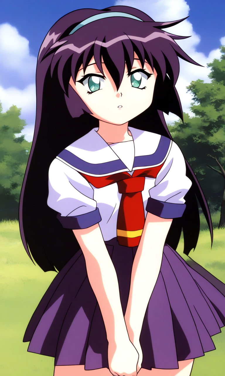 general,highres, ultra-detailed,very aesthetic,best quality ,best hands, BREAK  <lora:Amano_Misao_Pretty_Sammy_IS:1>
Amano_Misao, 1girl, solo, purple hair, long hair, bangs,  light blue hairband, green eyes,  hair between eyes, 
school uniform, purple skirt, short sleeves, pleated skirt, 
sailor collar, red neckerchief, parted lips,
v arms, 
looking at viewer, cowboy_Shot,
sky, grass, tree, cloud,