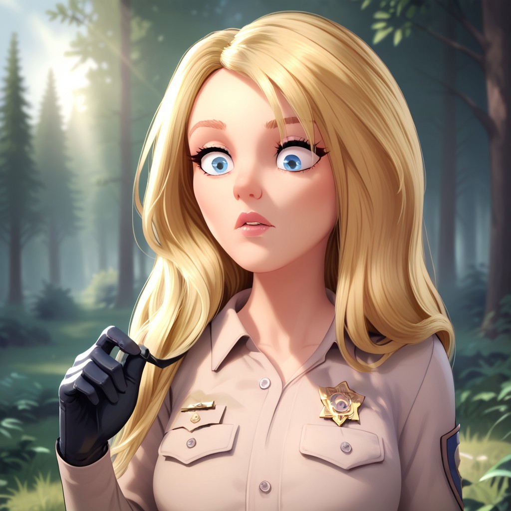 score_9, score_8_up, score_8_up, break, solo, officer_jaffe, blonde hair, long hair, blue eyes, gloves, police uniform, outdoors, forest, natural lighting