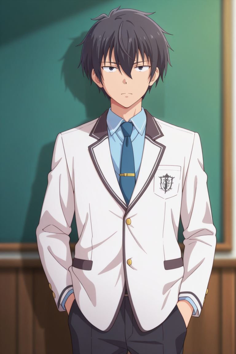 masterpiece, best quality, amazing quality,high resolution,intricate details,official style,depth of field,anime screencap,anime coloring , , , 1boy, solo, male focus, <lora:Setsu_Suzaki:0.76>,setsu suzaki,black hair,black eyes,short hair,school uniform,white jacket,collared shirt,blue shirt,blue necktie,black pants,looking at viewer,hand in pocket