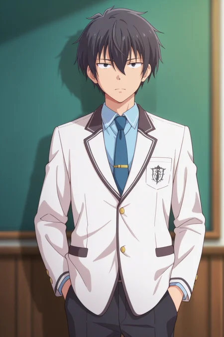 masterpiece, best quality, amazing quality,high resolution,intricate details,official style,depth of field,anime screencap,anime coloring , , , 1boy, solo, male focus, <lora:Setsu_Suzaki:0.76>,setsu suzaki,black hair,black eyes,short hair,school uniform,white jacket,collared shirt,blue shirt,blue necktie,black pants,looking at viewer,hand in pocket