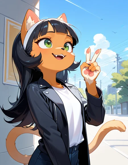 masterpiece, best quality, very aesthetic, absurdres,
outdoors,
headshot,
white t-shirt, black jacket,
smile, parted lips, fangs,
<lora:Kitty_Katswell_v01_NAIXL:1>
K1tty_Kat6w3311, 1girl, solo, furry, furry female, animal ears, long hair, black hair, hairband, blunt bangs, flipped hair, green eyes, animal nose, body fur, orange fur, cat tail,
