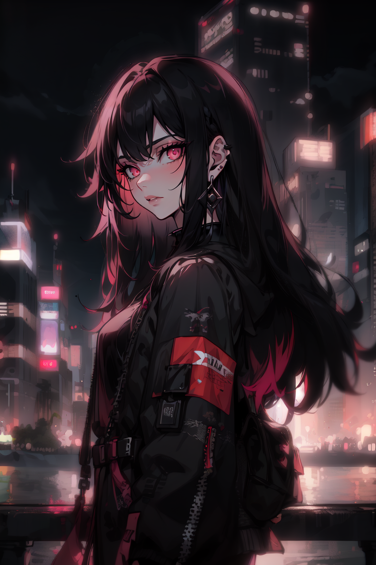 Goth girl 1girl, 1girl, solo, adult,  baggy clothing,black hair,black hair,(multi colored hair),long hair,wild hair,night city,black clothing, pink eyes, earrings  <lora:G_G2.0-000006:0.8>