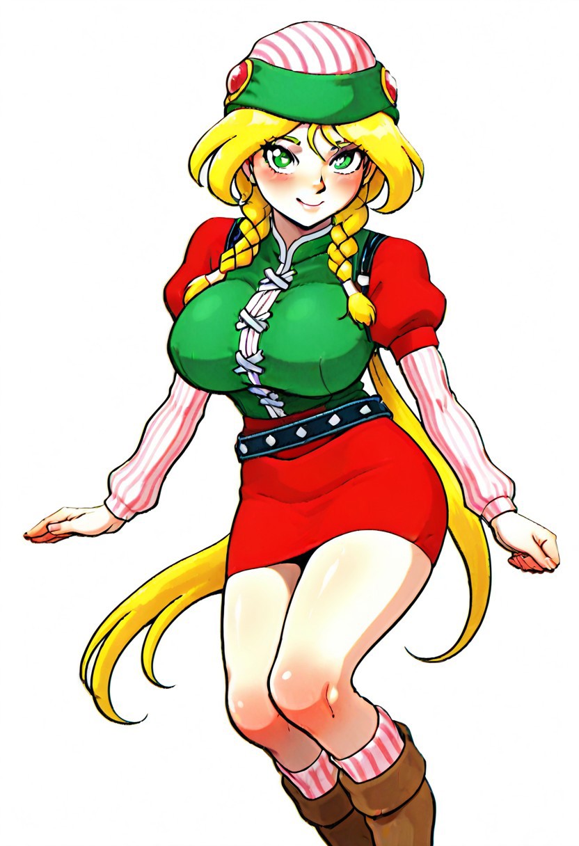 (blonde hair, long hair, twin braids), green eyes, big breasts,
striped beanie, green tunic, puffy short sleeves, long layered sleeves, red skirt, belt, striped leg warmer, brown footwear, 
smile, looking at the viewer, blush,
simple white background,
masterpiece, best quality, absurdres, newest,absolutely eye-catching,newest, absurdly detailed, anime coloring, game cg, (incase:0.8), <lora:Mochowa_Last_Bible_3:1>, OMochowa, 1girl, solo, cowboy shot,