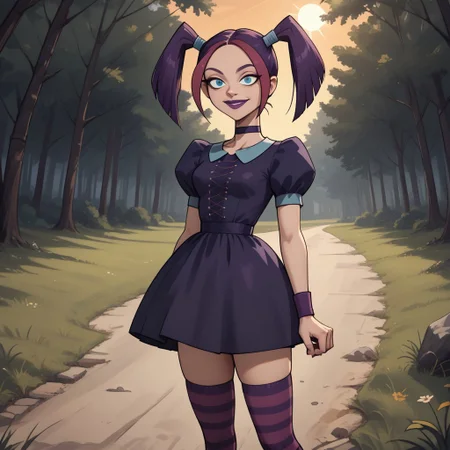 score_9, score_8, BREAK, solo, dark purple hair, twintails, blue eyes, purple lips, lipstick, dark purple dress, short dress, striped socks, knee highs, sneakers, choker, breasts, total drama, Scary_Girl_(Total_Drama), wristbands, sexy pose, self portrait, smile, outdoors, sunlight, shadows, evening lighting, natural lighting, forest, trees, grass, orange sky, sunset