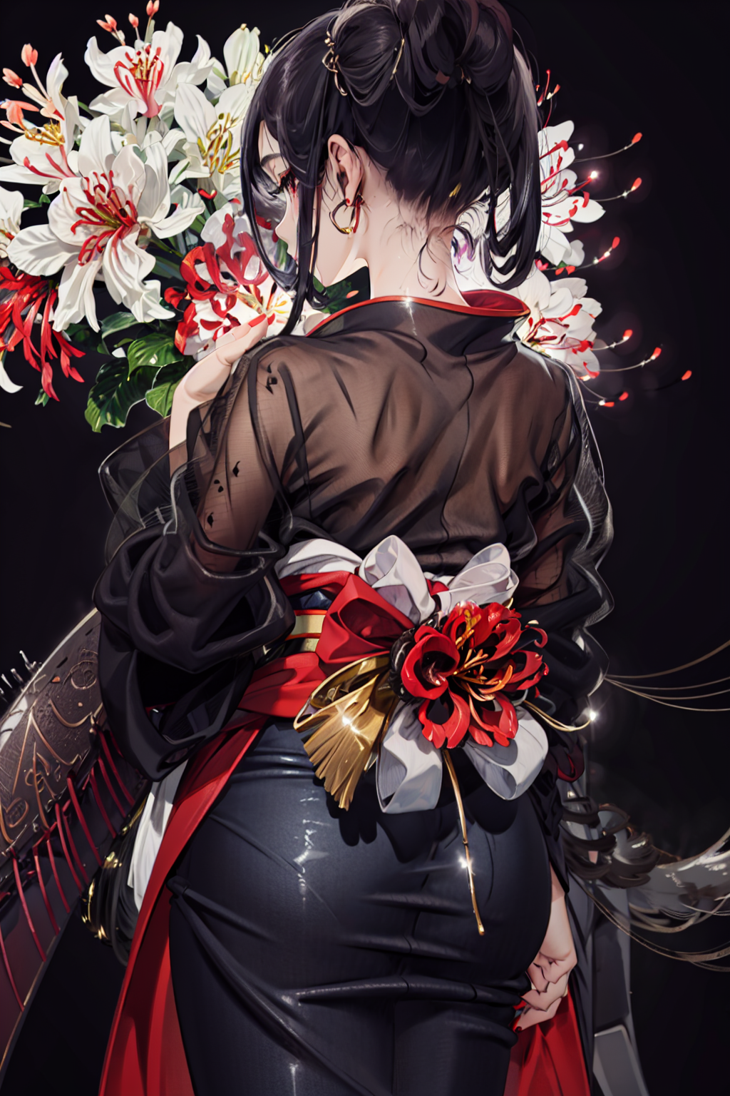 1girl, flower, spider lily, solo, black hair, red flower, long hair, from behind, black background, red nails, japanese clothes, kimono, facing away, signature, self hug, nail polish, simple background, black kimono, floral print, sash, crossed arms, see-through, print kimono, long sleeves, light particles, artist name, obi, cowboy shot, nape<lora:Kaisen:1>