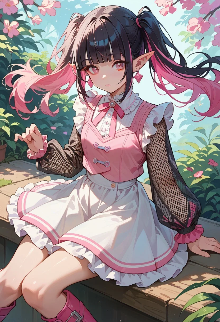 score_9,score_8_up,score_7_up,score_6_up, 1girl, twintails, multiclored hair, pink hair, black hair, pink eyes, pointy ears, earrings, fishnet sleeves, frilled sleeves, long sleeves, blunt bangs, pink vest, white skirt, pink knee boots,